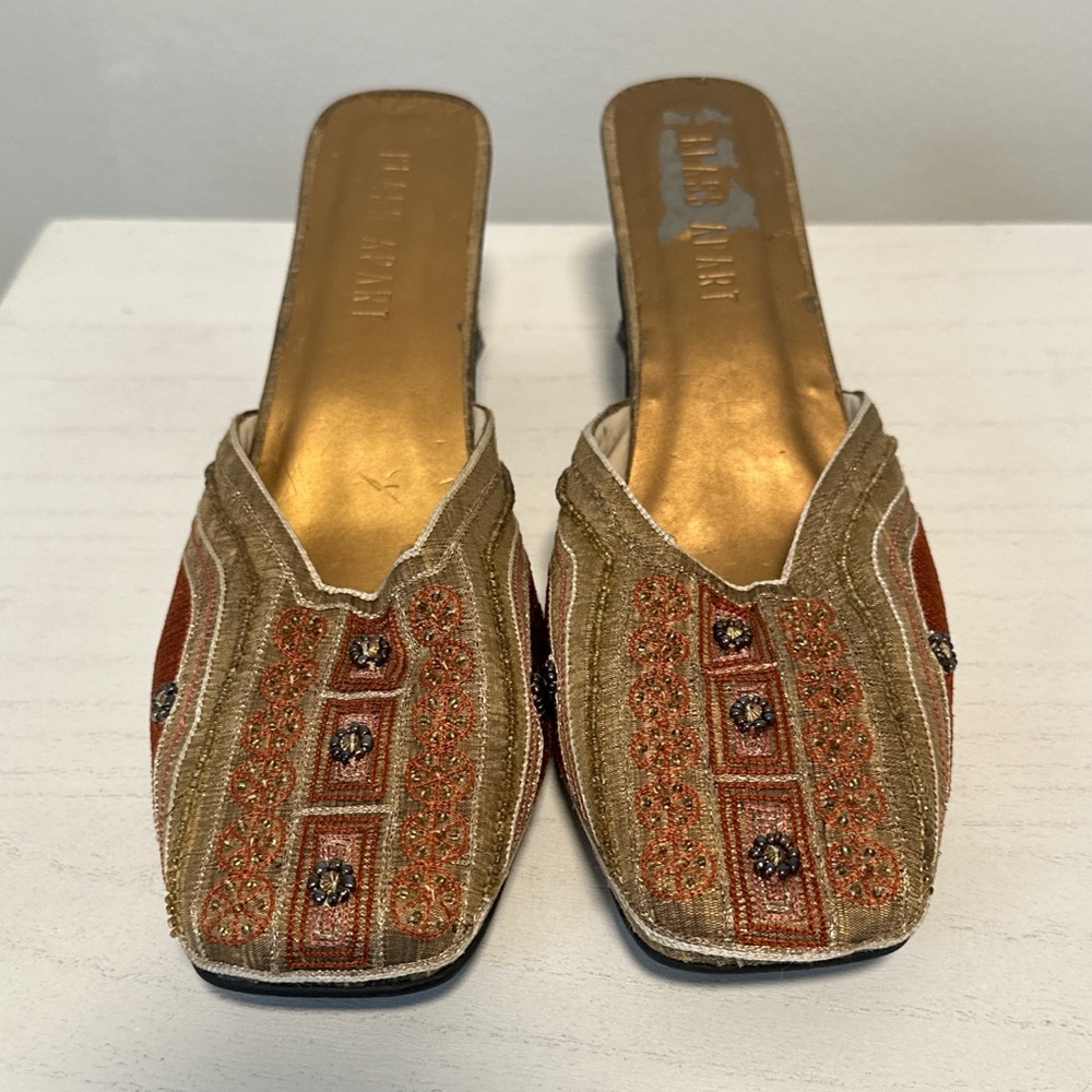 Vintage Shoes | Vintage Embroidered Gold & Orange Slip-On Mules